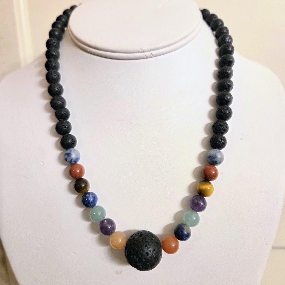 Black Lava and Multicolored Chakra Beads Necklace